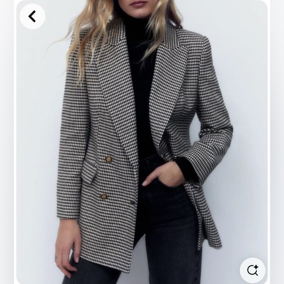 Zara Houndstooth Blazer Size Large Black White - Picture 1 of 16